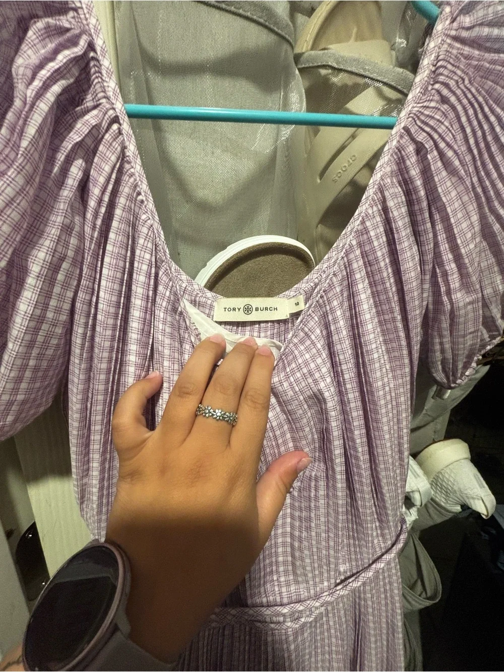 Tory Burch Lilac and White Gingham Puff Sleeve Dress